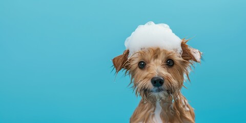 Wet puppy dog taking bath with soap bubble foam on head, banner