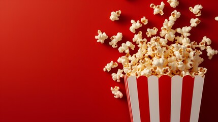 Delicious popcorn scattering from a red striped carton box on a top view bright background with copy space