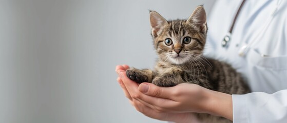 Veterinary banner with grey striped cat on hands of veterinarian doctor
