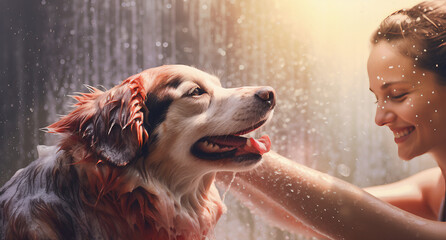 Um lindo cachorro tomando banho