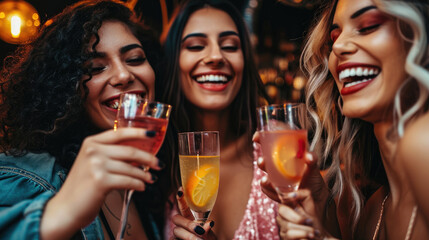 A group of girlfriends enjoying cocktails at a bar. Young women laugh with glasses of cocktails in their hands. - obrazy, fototapety, plakaty