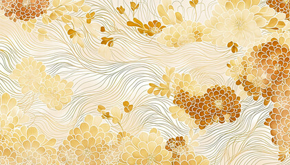 golden floral pattern with chrysanthemum on background of flowing lines - obrazy, fototapety, plakaty