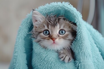 Banner happy wet cat wrapped in a towel after bath at home