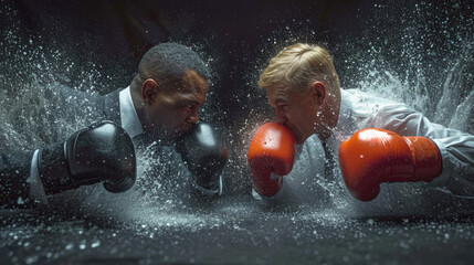 Two election candidates wearing boxing gloves fight in waist-deep water. A boxing match between two men in business suits. An illustration of the tough choices for the presidency. - obrazy, fototapety, plakaty