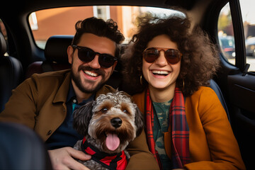 Um jovem casal sorrindo dentro do carro com seu cachorro - obrazy, fototapety, plakaty