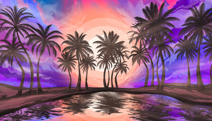 Seascape with palm trees at sunset, neon, silhouettes of palm trees, reflection in the water. - obrazy, fototapety, plakaty