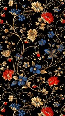 Pattern small flowers and vines twining, royal blue, red, golden decorations, pure black background
