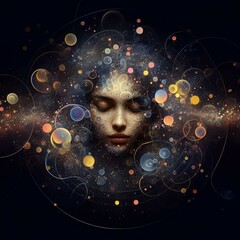 A woman's face surrounded by circles and stars, portrait of a cosmic entity, consciousness projection