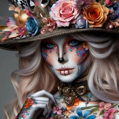 A close up of a woman with a hat and flowers on her head