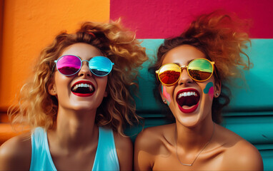 Retrato de duas garotas felizes com &oacute;culos de sol se divertindo com um fundo colorido, retrato