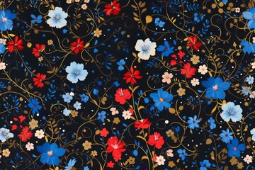 Fototapeta na wymiar Pattern small flowers and vines twining, royal blue, red, golden decorations, pure black background