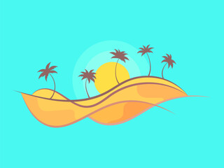 Fototapeta na wymiar Desert landscape with palm trees and sun isolated on blue background. Desert sand dunes in line art style with palm trees and sunrise. Design for covers, banners and posters. Vector illustration