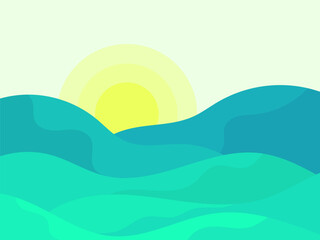 Wavy landscape with green hills and the sun on the horizon. Dawn with green meadows in a minimalist style. Design for posters, prints and banners. Vector illustration