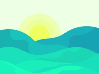 Fototapeten Wavy landscape with green hills and the sun on the horizon. Dawn with green meadows in a minimalist style. Design for posters, prints and banners. Vector illustration © andyvi