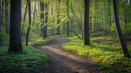 Tranquil Forest Path in Morning Sunlight