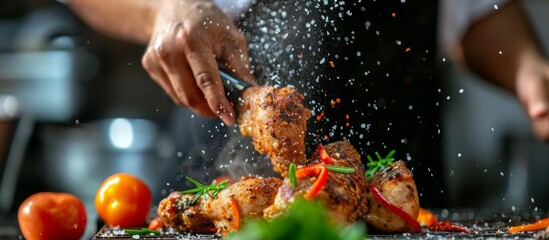 A chef seasons chicken legs in a restaurant or cafe kitchen with vegetables and spices before...
