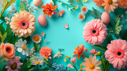 Spring Easter holiday top view flat lay background with eggs and spring flowers. Greeting card background with copy space.