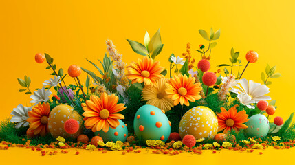 Fototapeta na wymiar Easter floral composition with red and yellow flowers, branches, leaves and eggs. Flower bouquet on yellow background