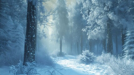 Fototapeta na wymiar Winter Snow Forest Pathway in Tranquil Blue Light