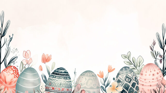Border with spring easter concept. Watercolor border with baskets and easter eggs isolated on white background. For decor, print, wallpaper, tissue, scrapbooking, packaging paper