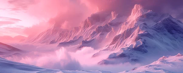 Foto op Canvas surreal psychedelic artwork of a mountain landscape with mountains, hills and a beauty sunset, hikers paradise in the alps © Echelon IMG