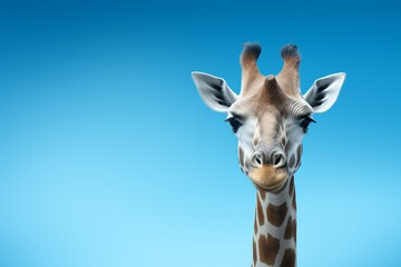 Fototapeta premium Professional studio image of a giraffe against vibrant blue backdrop with space for custom text