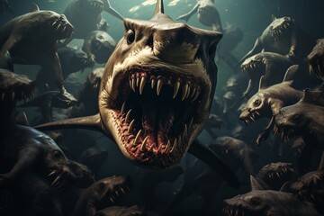 Ancient megalodon shark lurking in ocean depths surrounded by school of smaller fish