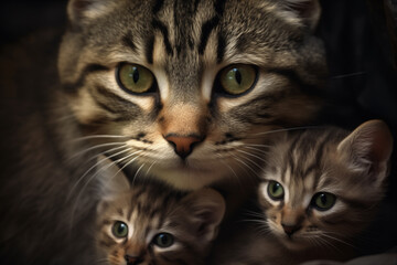 Close-up of a beautiful young grey and white cat looking up with green eyes, showcasing its cute and domestic feline features