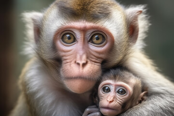 Baboon and Macaque Close-Up in Nature: Wildlife Family Portrait in Asia's Green Jungle
