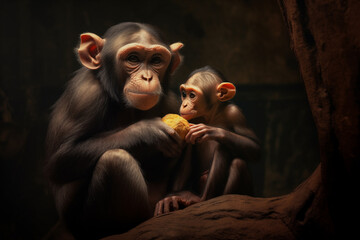 A young baboon and a person with a tail, both sitting and looking, captured in a wildlife portrait at the zoo, featuring a cute and endangered creature from the bonobo family, displaying their unique 