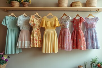 Colourful summer dresses on hangers against white wall in sunlight