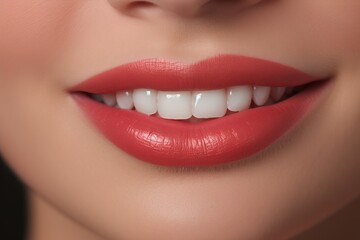 Fototapeta premium Close-up of bright and shiny white teeth with clean and healthy gums, dental health concept