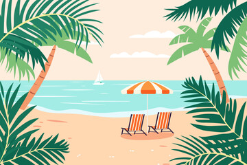 Fototapeta na wymiar Sandy beach landscape with sun loungers, umbrella, palm trees and tropical plants in flat style. Vector cartoon sea shore background. Sunny day on vacation