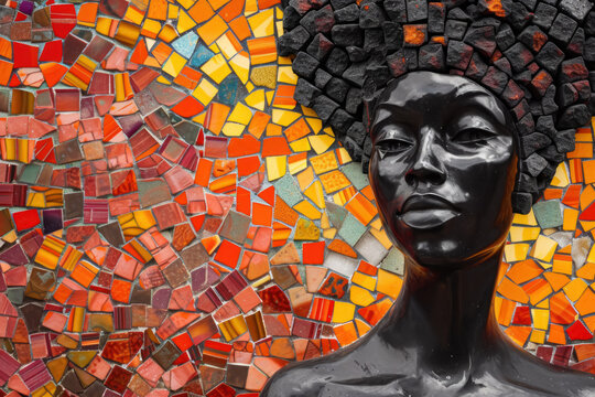 colorful Abstract portraits of a beautiful mosaic statue African american woman. Black woman abstract art. Black History Month with copy space for text
