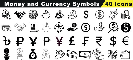 40 money and currency symbols Vector illustration set. Icons include dollar, euro, pound, yen, bitcoin, and more. Perfect for financial reports, web, and app design
