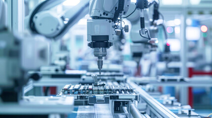 Precision robotic arm conducting assembly work on an electronics production line in a high-tech manufacturing plant.