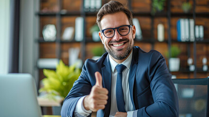 Handsome young businessman giving a thumbs up while working at his desk in a modern office setting.