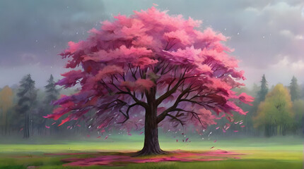 Obraz na płótnie Canvas a tree with pink and purple leaves, feathers on the background of a green forest on a meadow, rain, dawn, green bright colors,