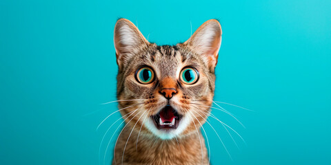 Cute anthropomorphic surprised cat on a blue background - obrazy, fototapety, plakaty