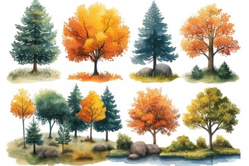 Watercolor Set of trees autumn color palette 