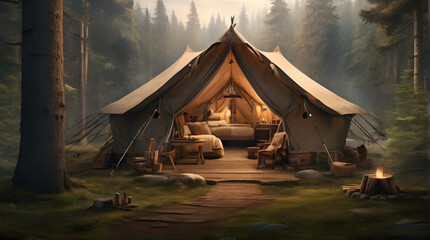 a big tent in the middle of the forest, trees, wooden things, a cabin, photorealism, bright colors, dawn, earth day, ecology, nature, selective focus, shallowedepth of field, blur