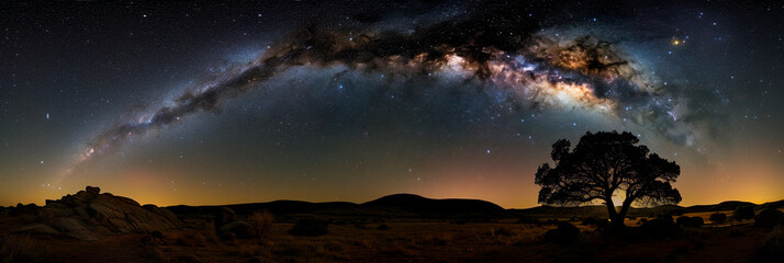 Obraz premium Panoramic night landscape with starry sky, Milky way and starfall