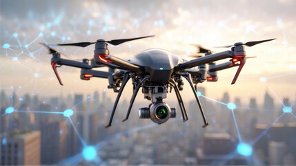 UAV drone in modern cityscape and communication network concept. Telecommunication, Smart city, IOT, ICT, 5G