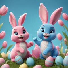 Two Cute happy cartoon Easter bunnies 