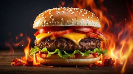 Delicious burger with fire flames