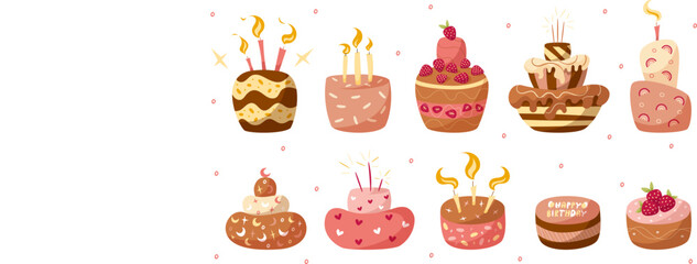 Set of hand draw cakes isolated on white in cartoon style. Cake for birthday, celebration, holiday. Delicious dessert. Vector illustration. Sparklers, candle, chocolate, strawberry, cream,heart. - obrazy, fototapety, plakaty