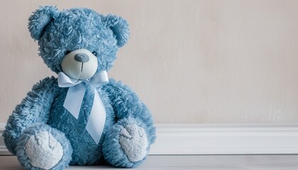 A high-resolution image featuring a blue teddy bear with a white ribbon, its adorable presence and thoughtful gesture standing out against a clean and uncluttered backdrop