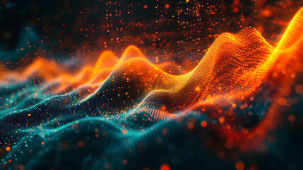 wavy lines with orange dots and shapes, tilt shift style, innovative techniques, , data visualization, showing blue and orange waves of light in the background, pointillism dots and dashes, light gold