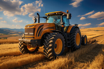 Obraz premium A tractor during the harvest. Tractor working on the rice fields barley farm at sunset time, modern agricultural transport.