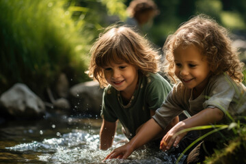 Obraz premium Children playing in a creek, discovering the joy of simple natural wonders. Concept of childhood exploration and natural play. Generative Ai.